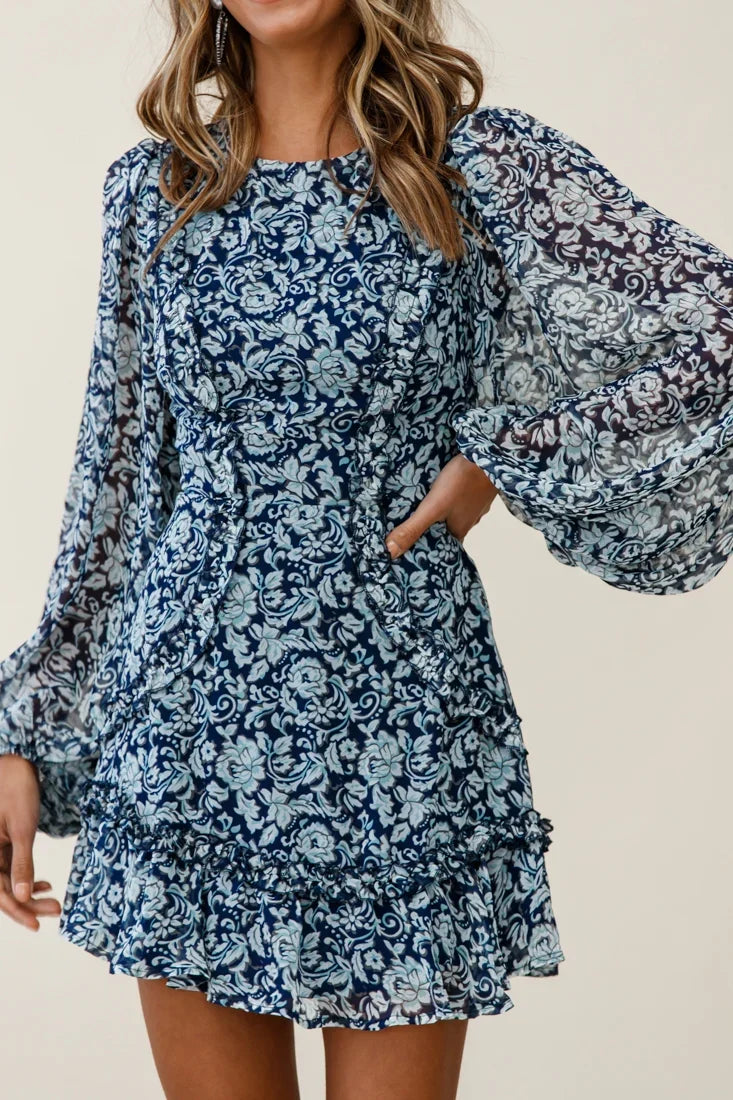 Mirabelle Long Balloon Sleeve Ruffle Hem Dress Floral Print Navy