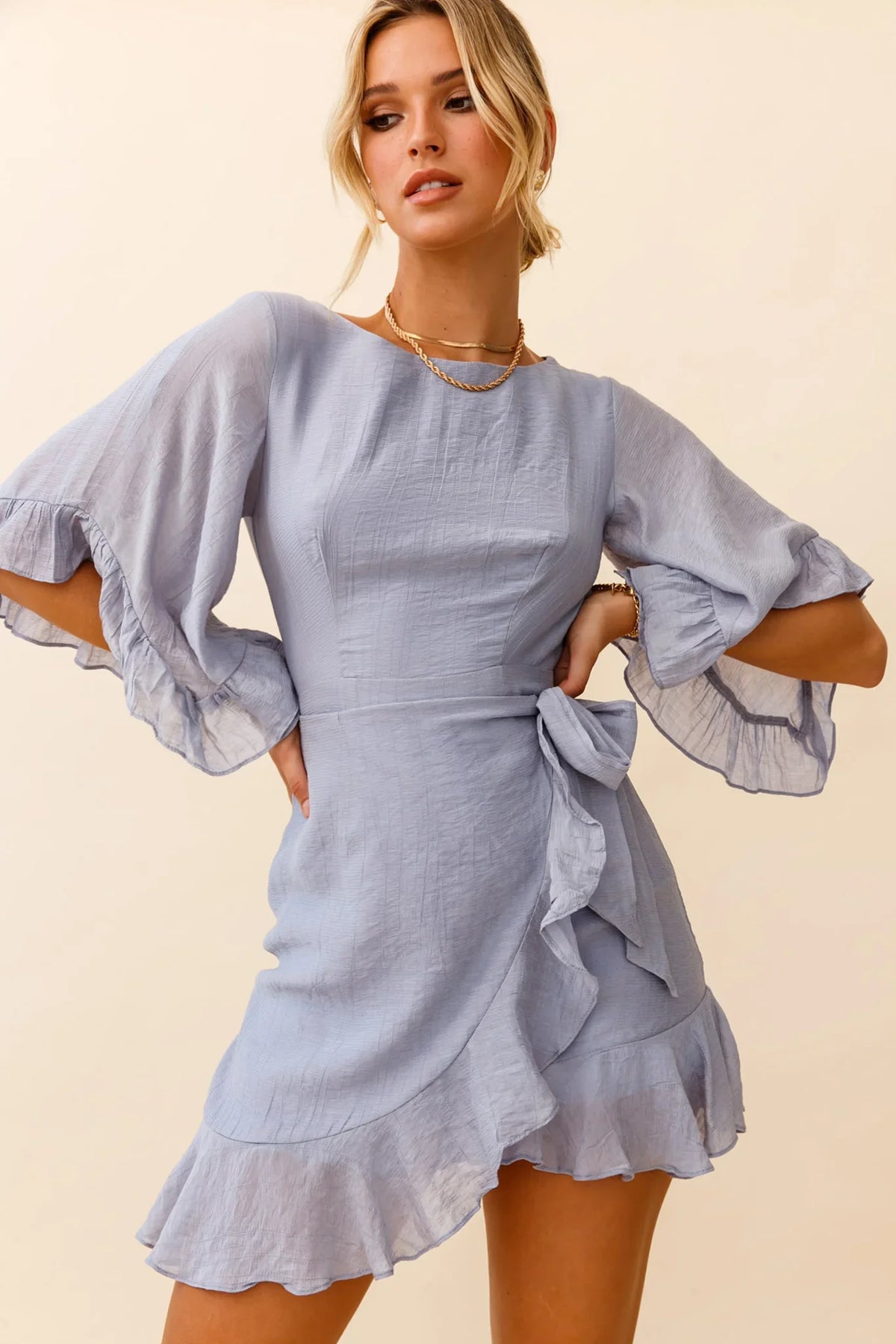 Make It Happen Flared Sleeve Ruffle Trim Dress Steel Blue