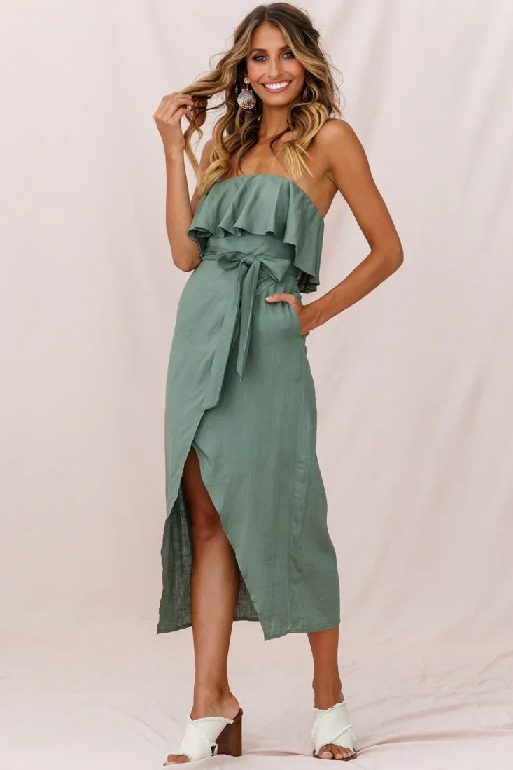 Hamilton Bandeau Ruffle Midi Dress Olive