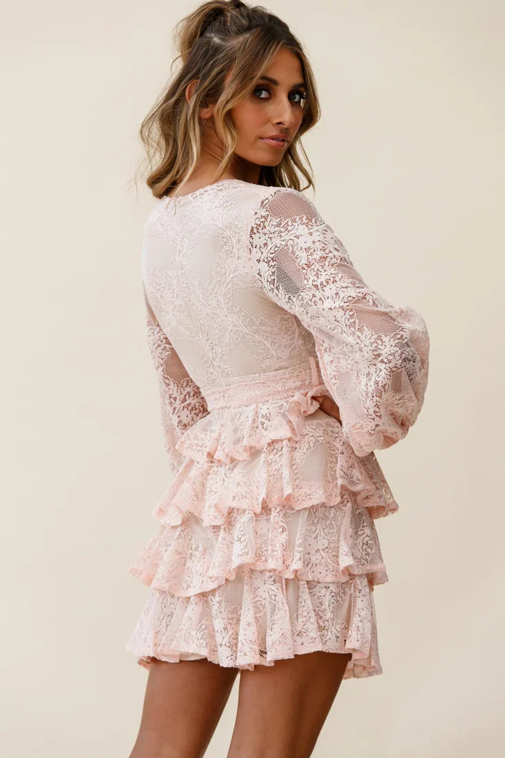 Queensland Balloon Sleeve Tiered Frill Lace Dress Pink
