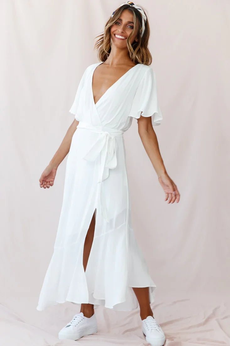 Friday Surplice Neckline Front Split Maxi Dress White