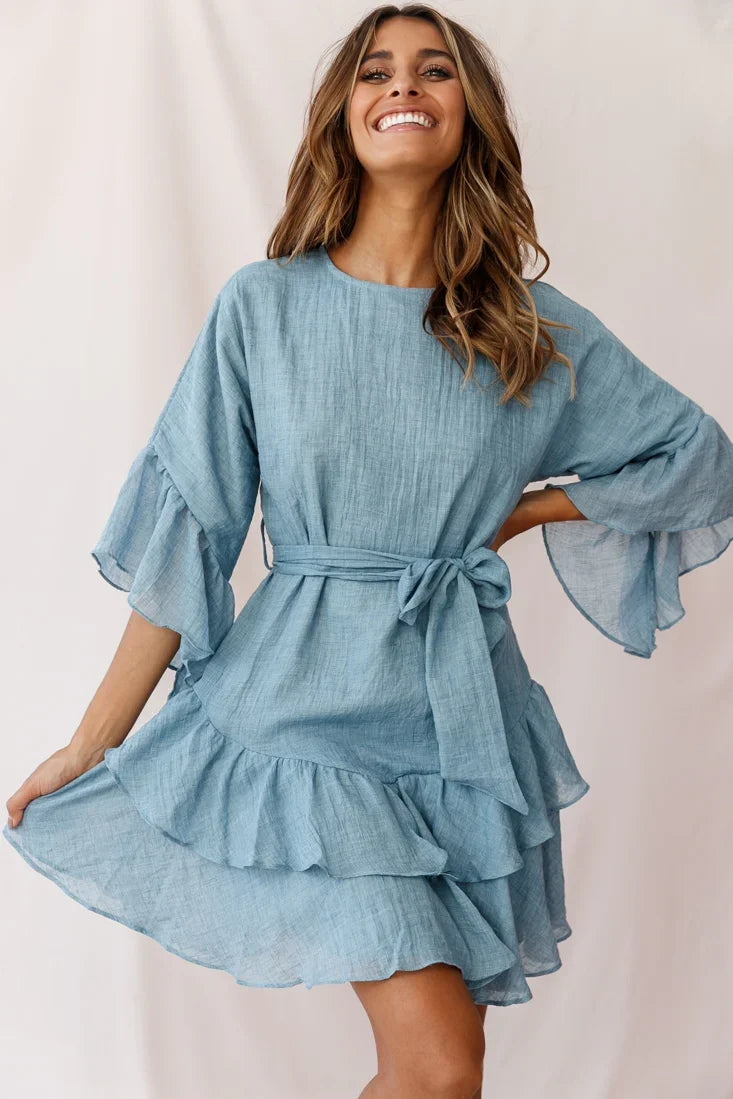 Wilshire Tiered Ruffle Hem Dress Denim Blue