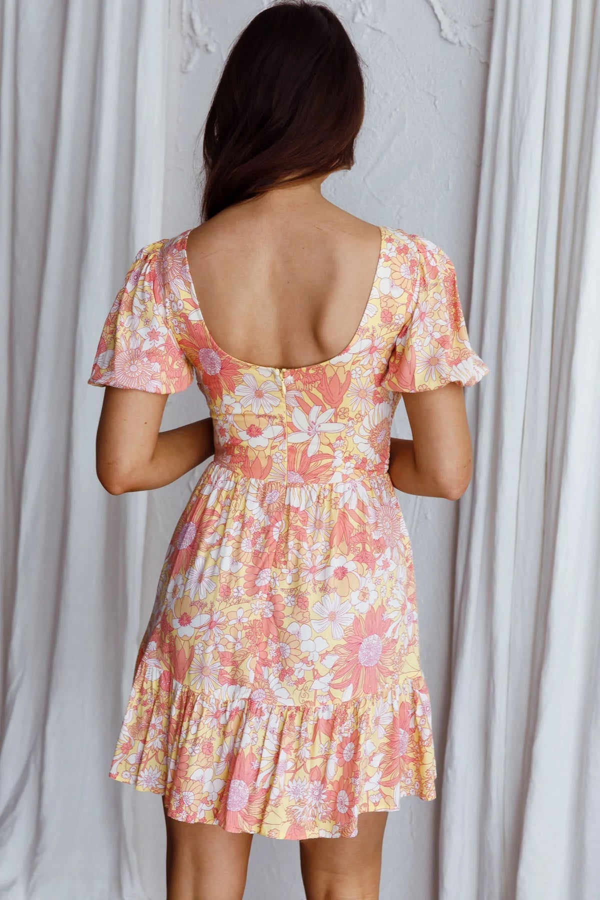 Crystal Shores Shirred Bust Mini Dress Floral Yellow