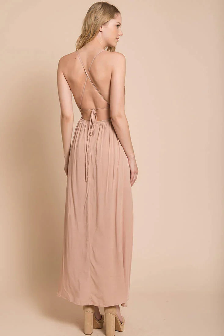 Summer Wedding Embroidered Floral Maxi Dress Mocha
