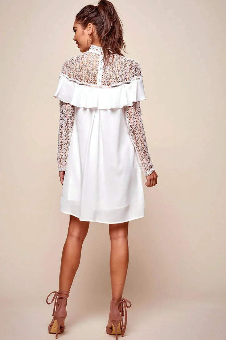 Mendes Lace Detailed High Neck Long Sleeved Dress White
