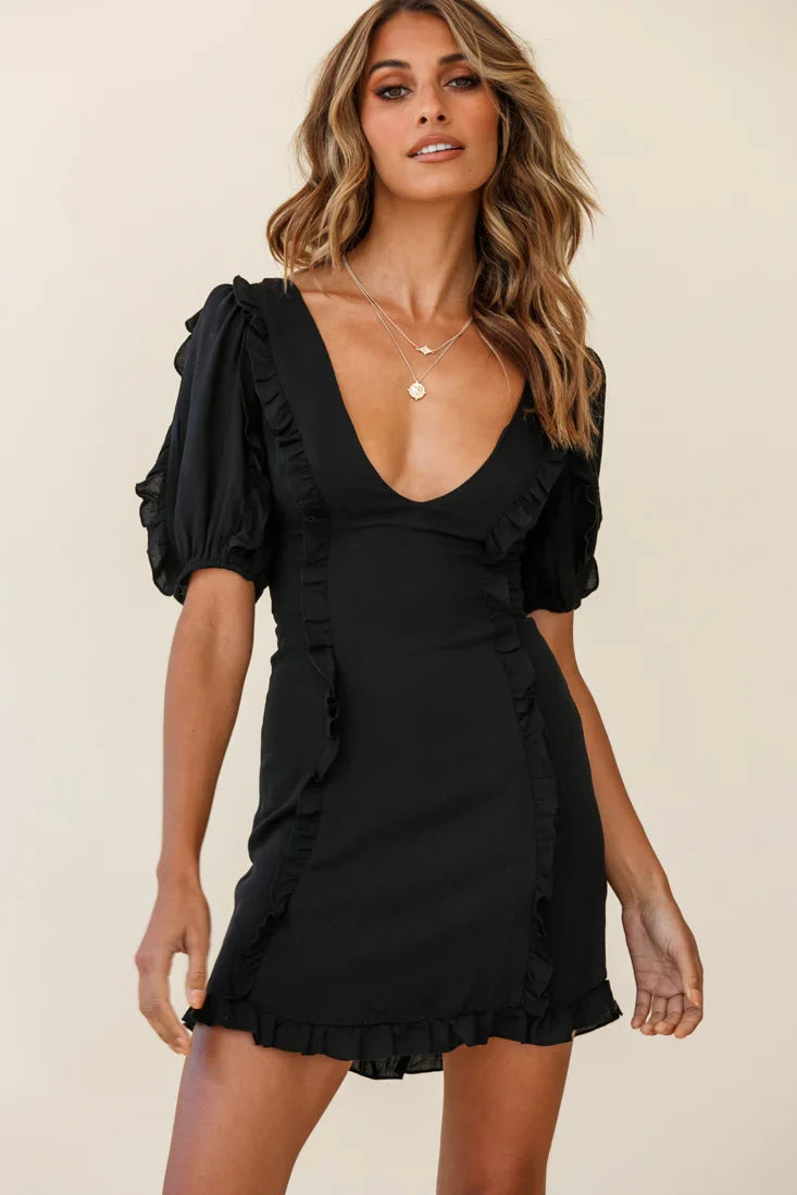 Maisy Puff Sleeve Frill Trim Dress Black