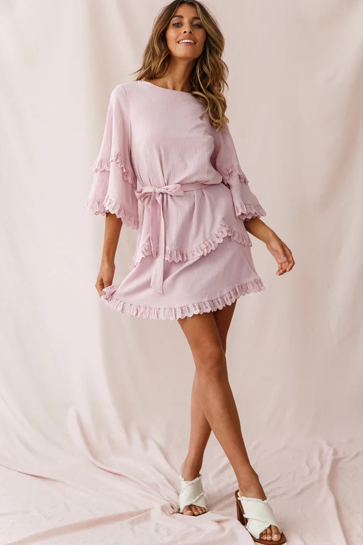 Talitha Waist Tie Lace Trim Dress Blush