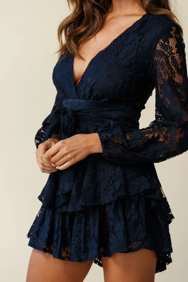 Maddox Fit & Flare Long Sleeve Romper Floral Lace Navy