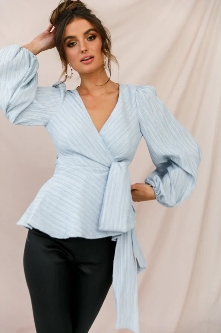 Macy Fit and Flare Wrap Top Blue