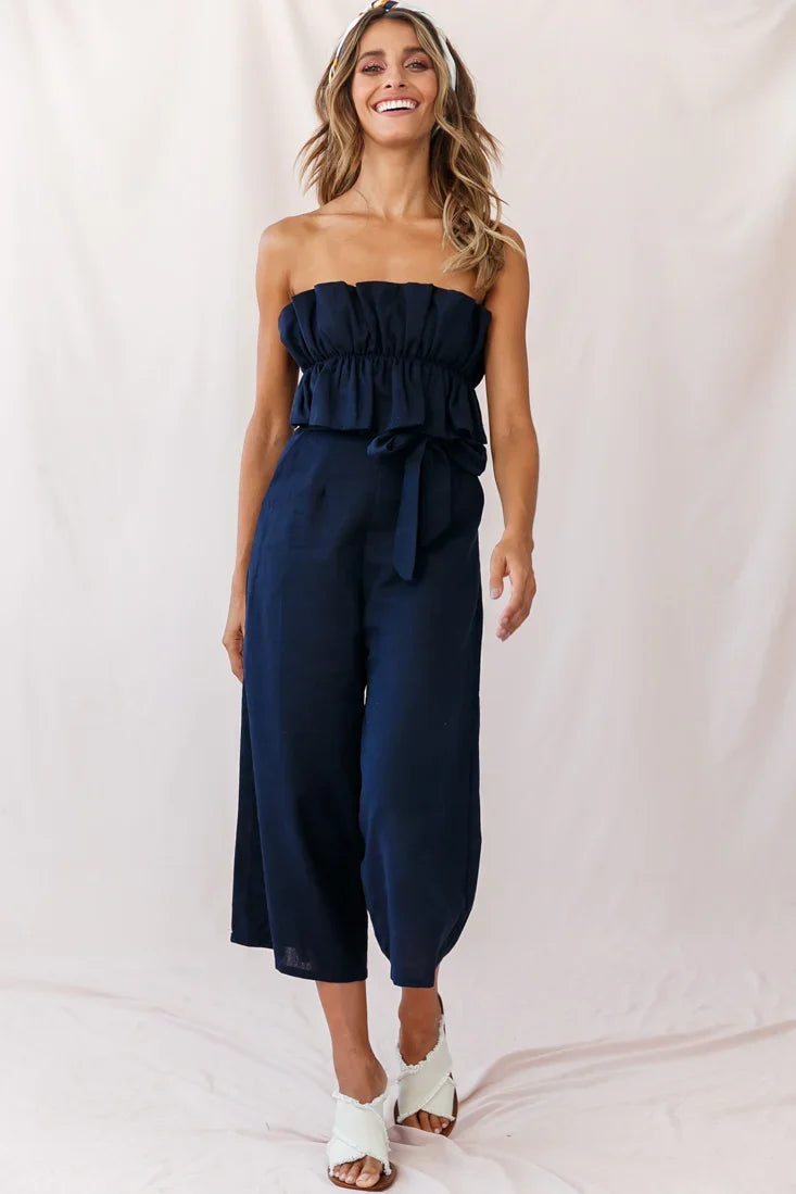 Thea Ruffle Crop Top Jumpsuit Navy