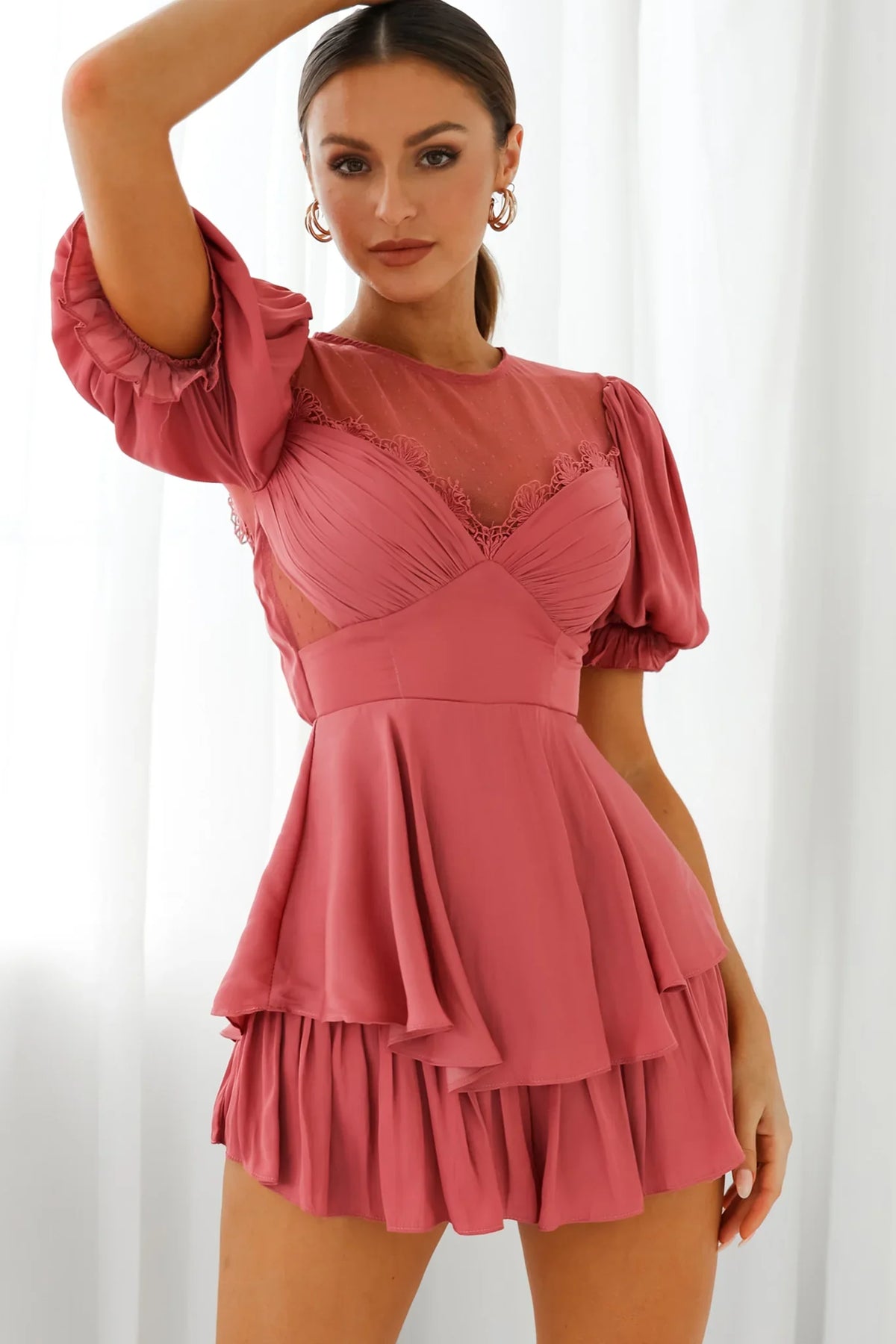 L'amour Lace Mesh Bust Puff Sleeve Romper Rose