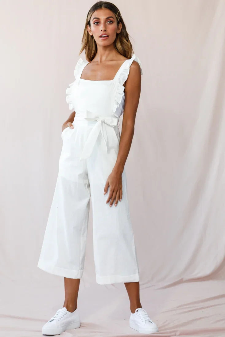 Serenade Ruffle Strap Pinafore Jumpsuit White