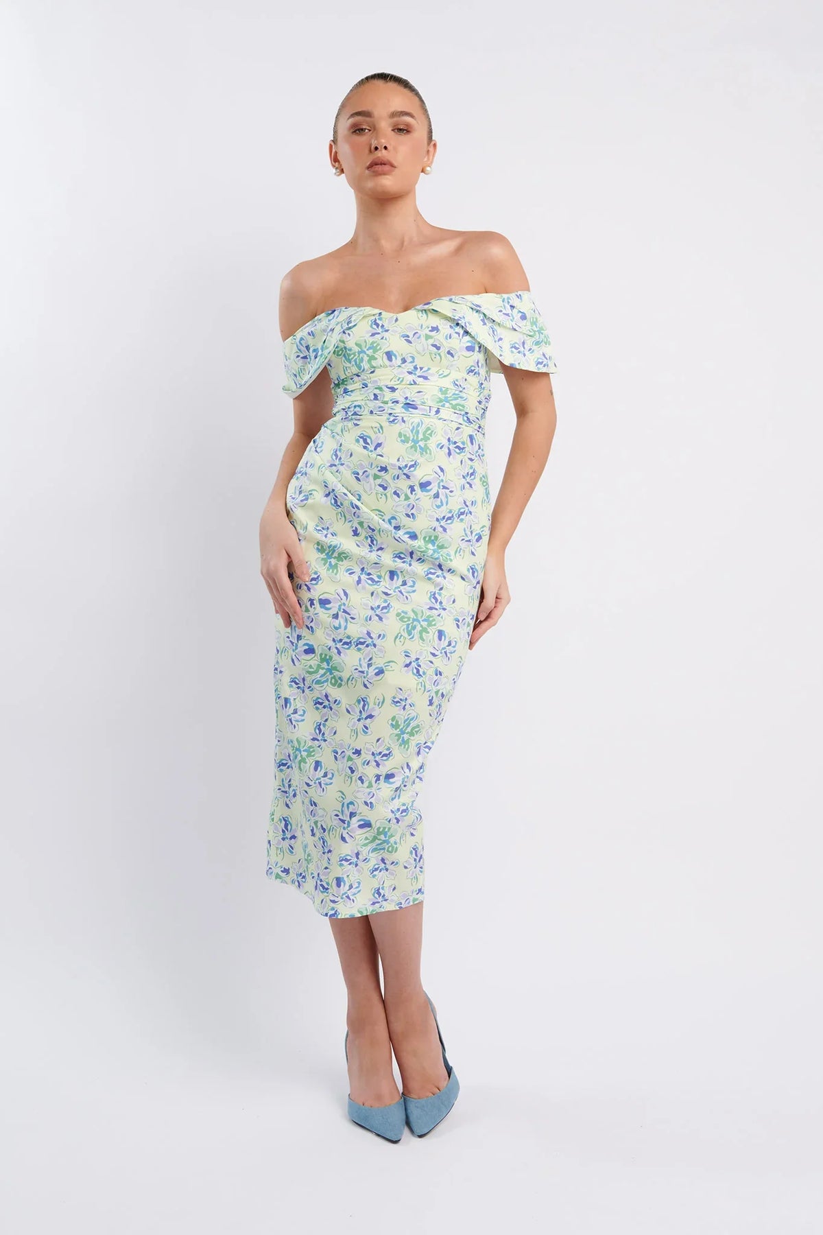 Lillianne Off-Shoulder Midi Dress Floral Blue