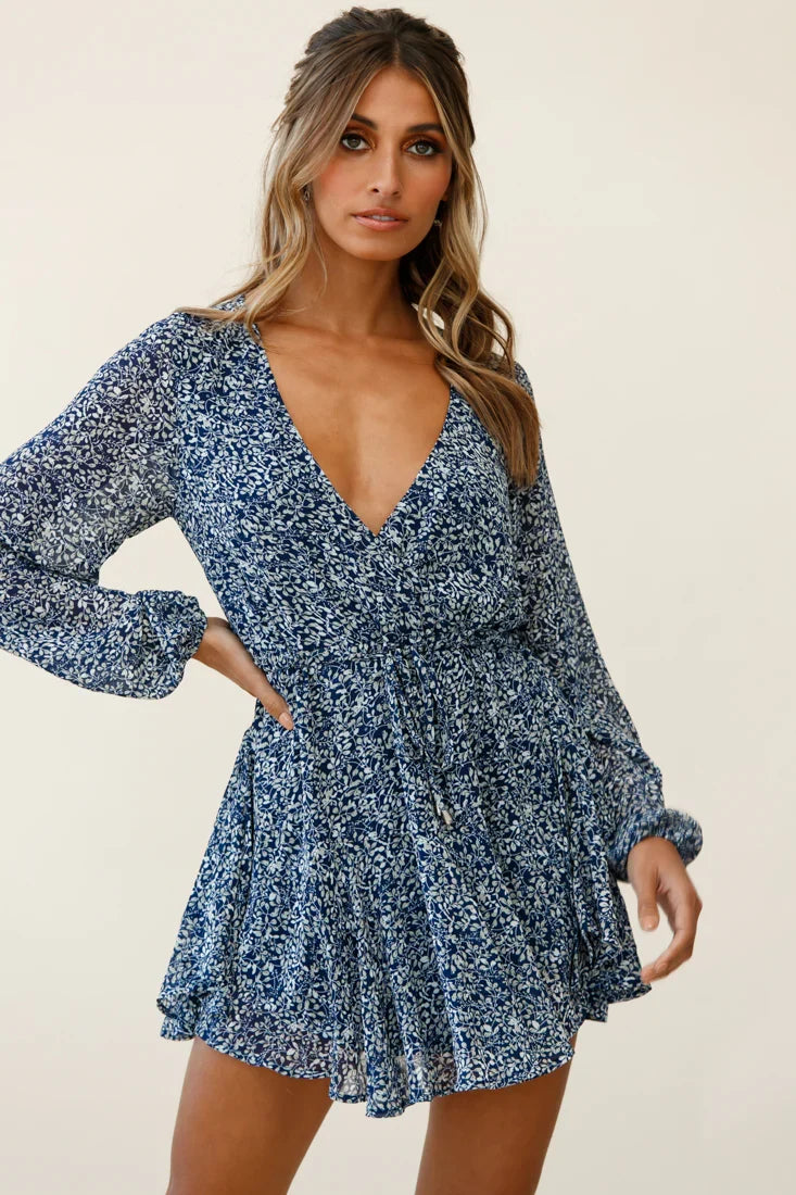 Marlene Long Sleeve Drawstring Waist Dress Floral Print Navy
