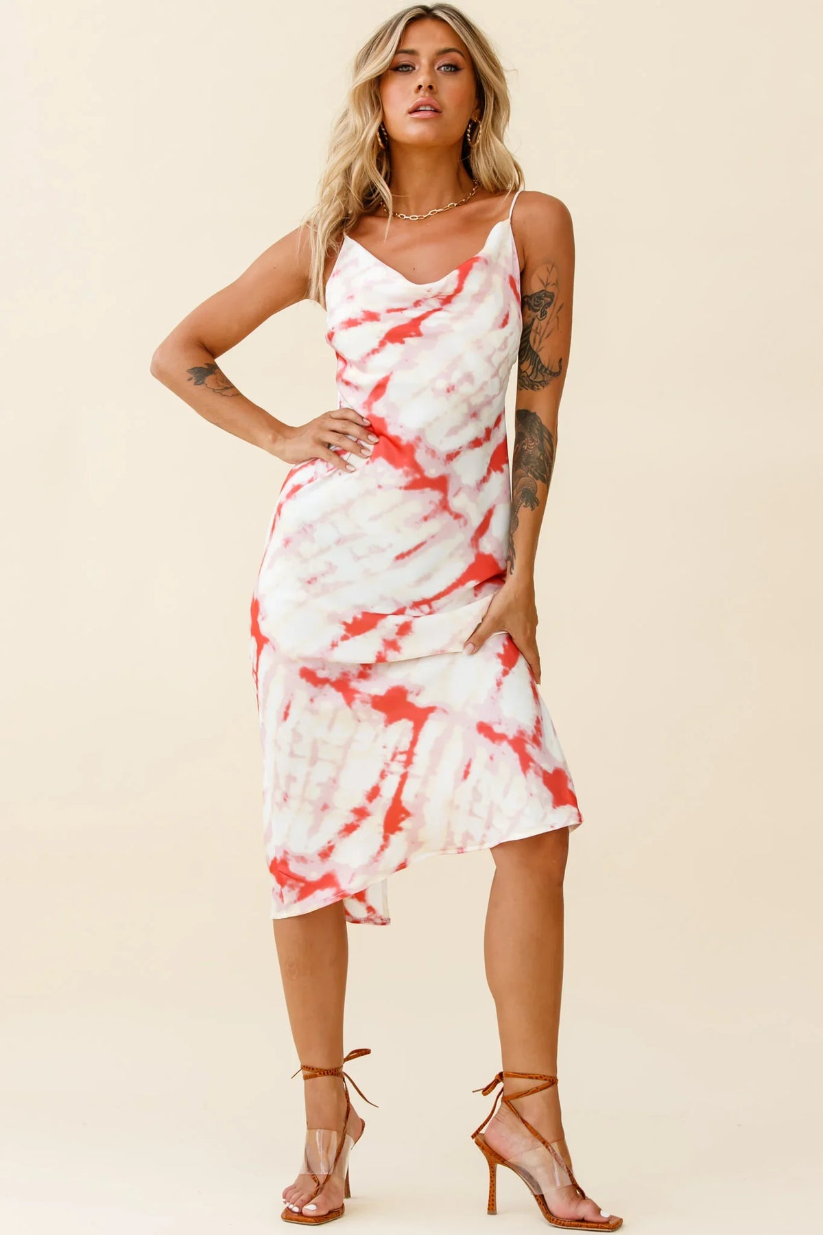 Show Me Love Cowl Neck Midi Dress Tie-Dye Red