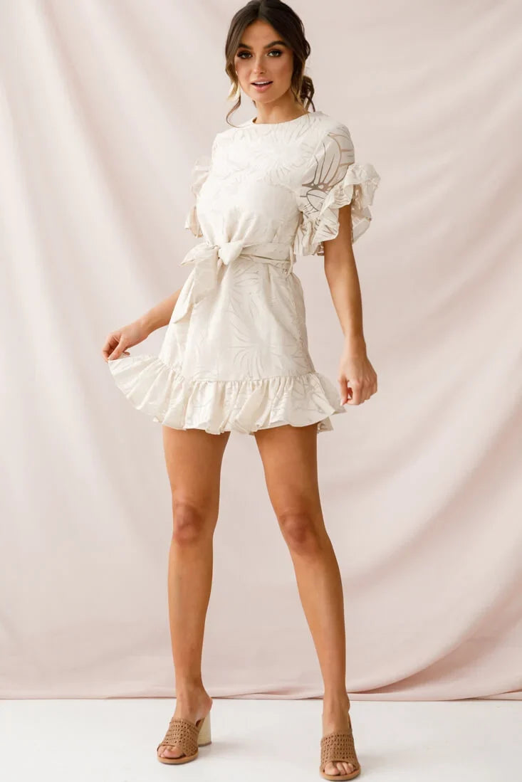 Coolum Ruffle Sleeve Dress Beige