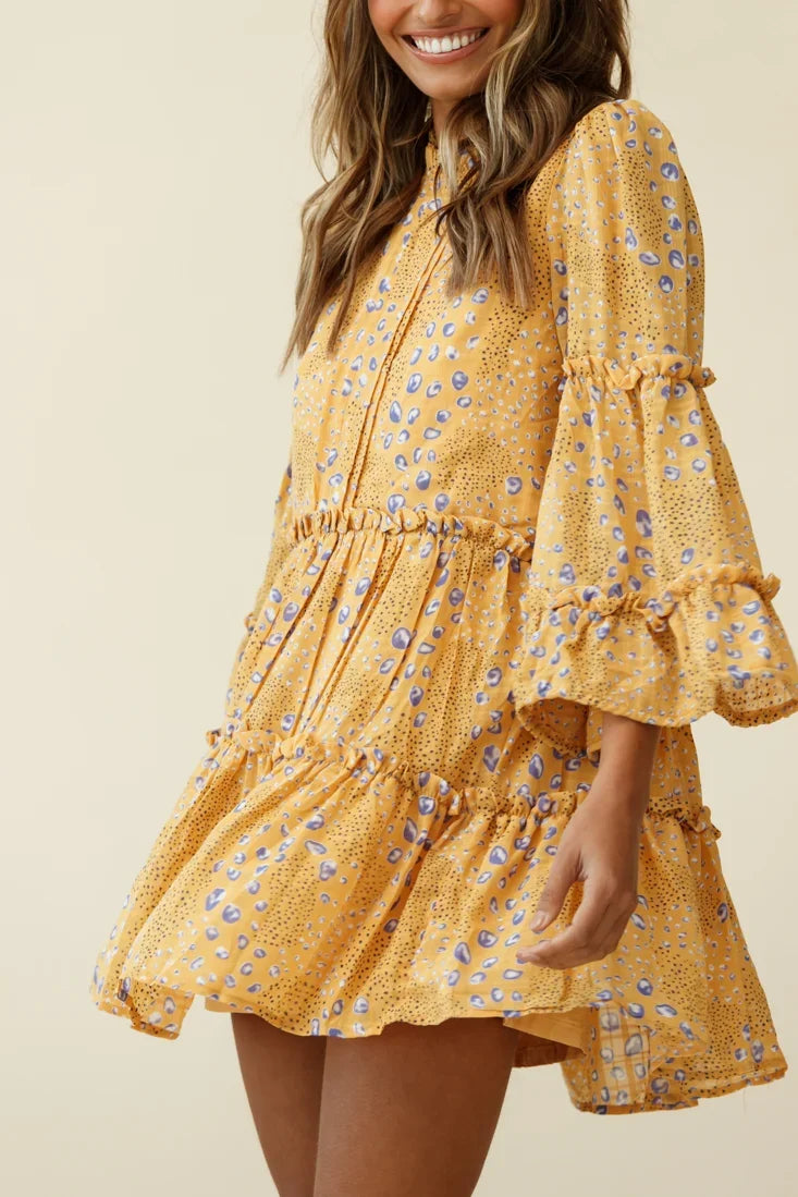 Beatrix High Neck Bell Sleeve Dress Droplet Print Yellow
