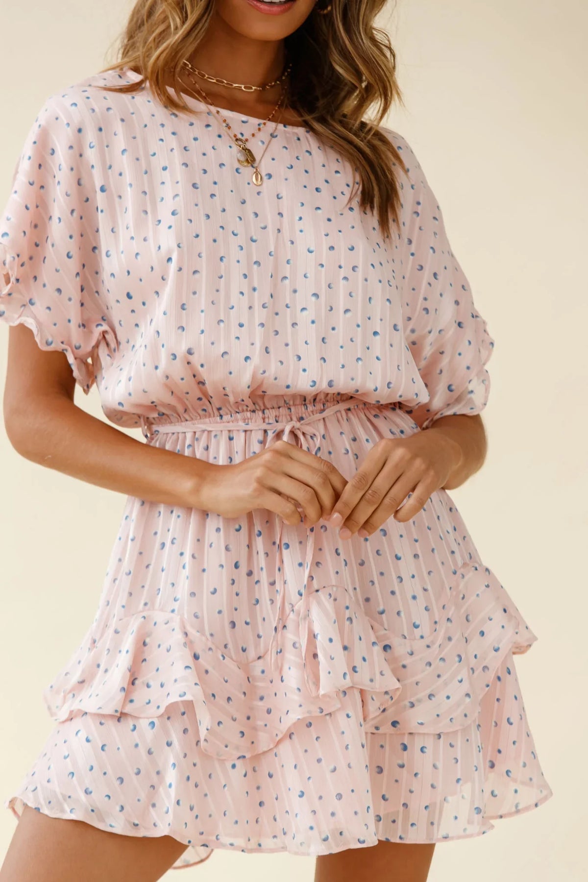 Mollina Frill Sleeve Layered Hem Dress Spot Print Blush