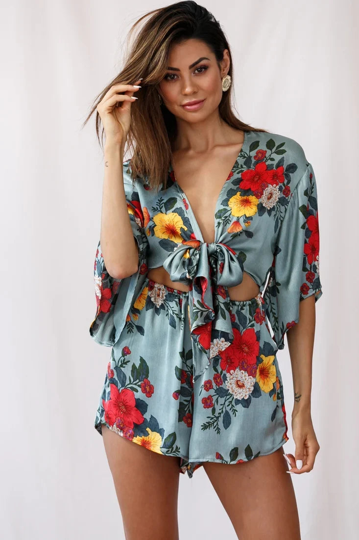 Rivera Tie-Knot Bell Sleeve Romper Sage