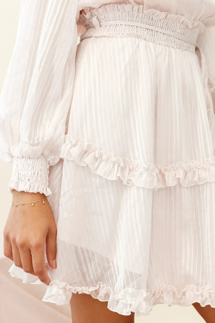 Mildred Long Sleeve Shirred Waist Frill Dress Nude