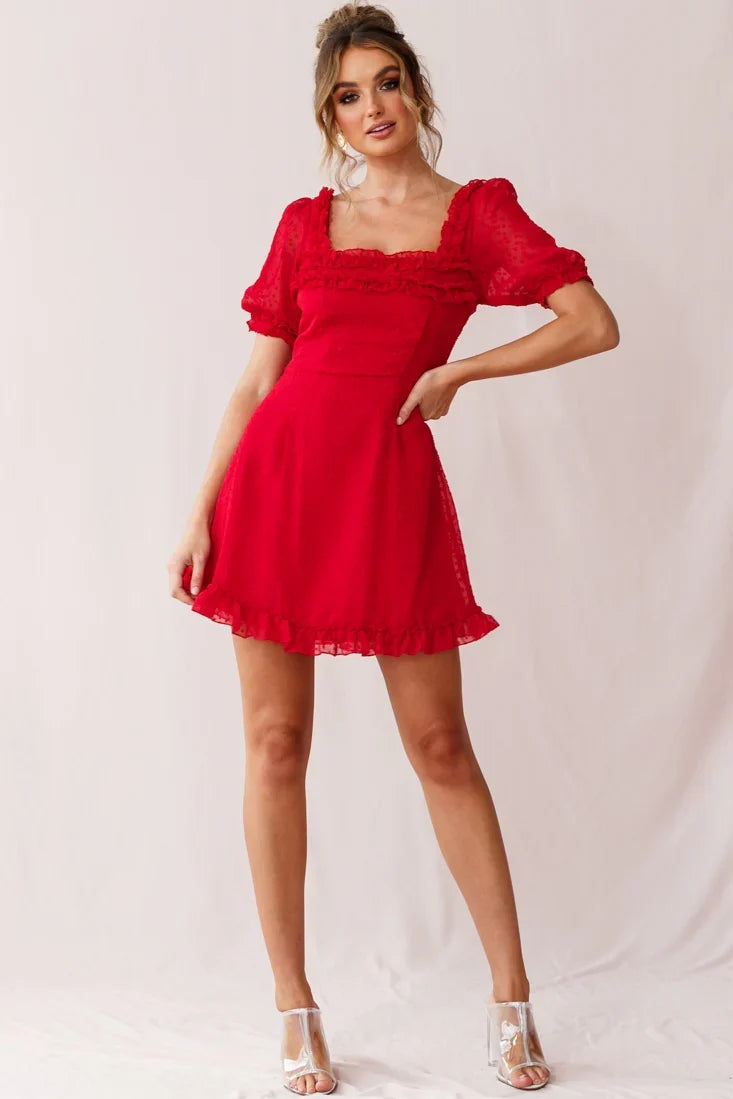 Lara Puff Sleeve Frill Dress Red