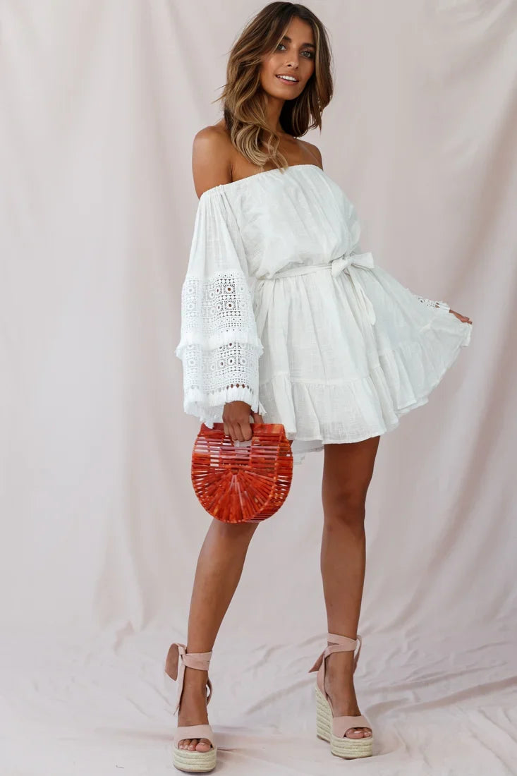 Mona Off-Shoulder Embellished Sleeve Dress White