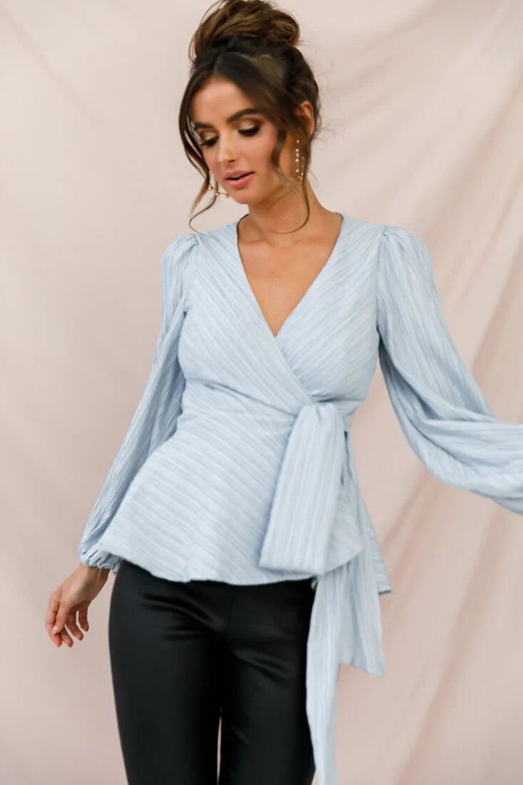 Macy Fit and Flare Wrap Top Blue
