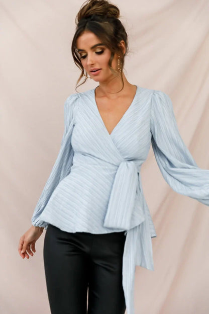 Macy Fit and Flare Wrap Top Blue