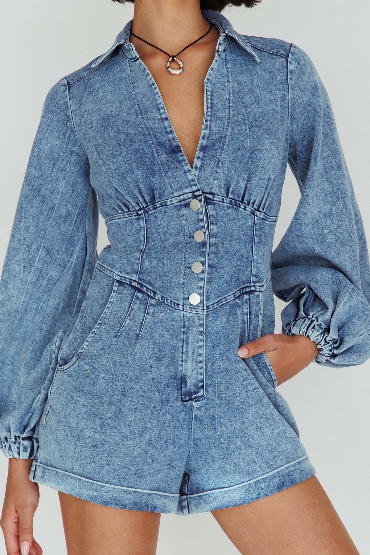 South Beach Long Sleeve Collared Romper Denim