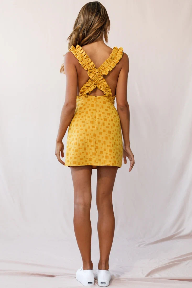Jillian Ruffle Crossover Strap Dress Mustard