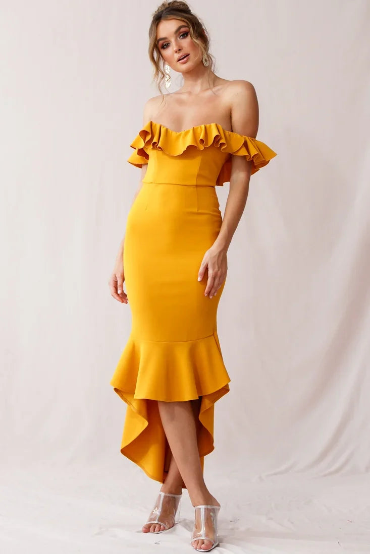 Cloud 9 Bardot Neckline Corset Back Dress Mustard
