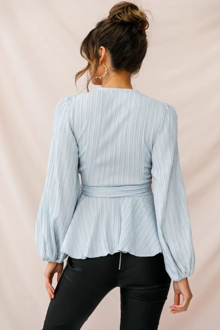 Macy Fit and Flare Wrap Top Blue