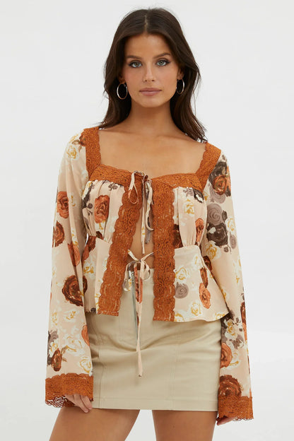 Moxie Tie Front Lace Trim Top Brown