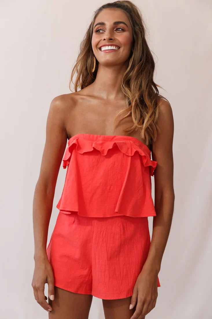 Joey Strapless Tie-Back Romper Orange Tangerine