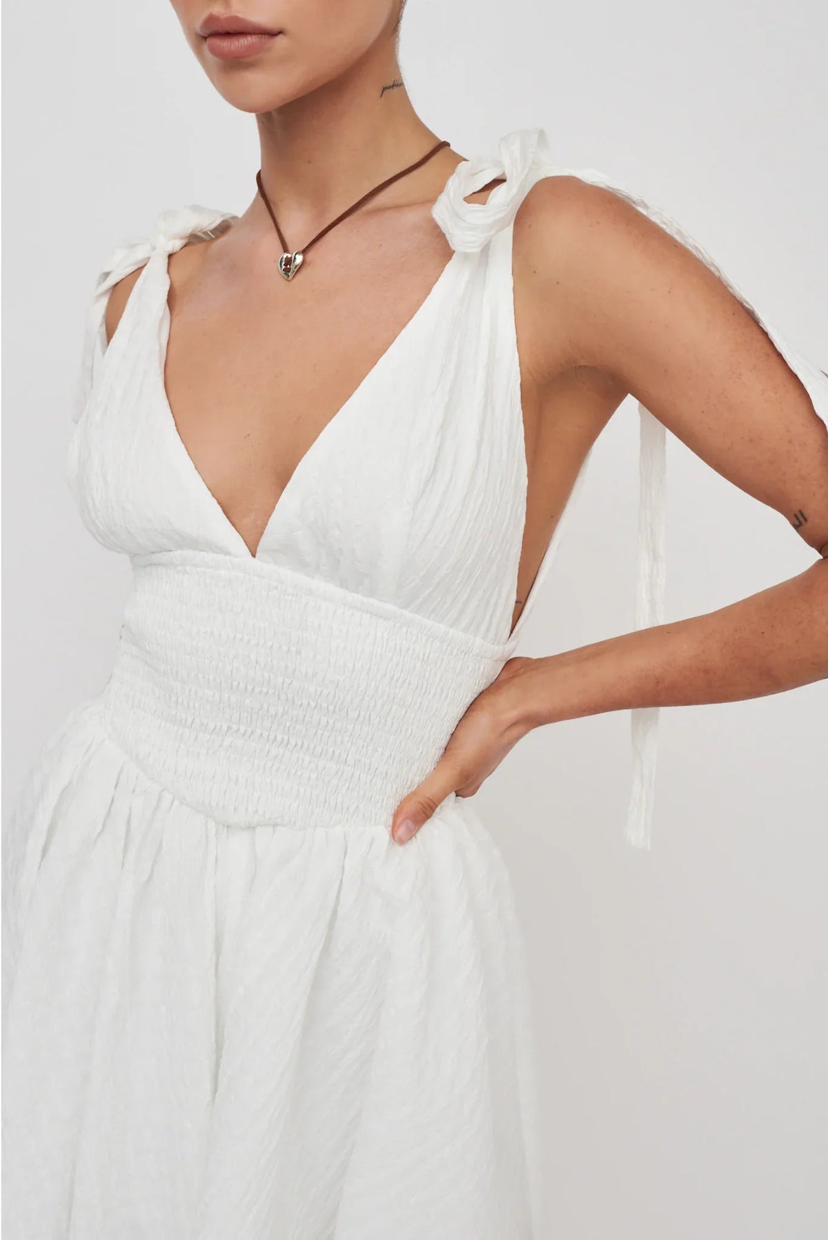 Lido Tied Shoulder Shirred Romper White