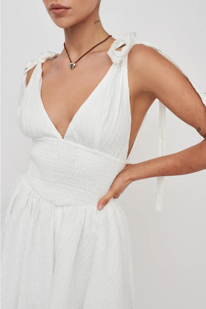 Lido Tied Shoulder Shirred Romper White