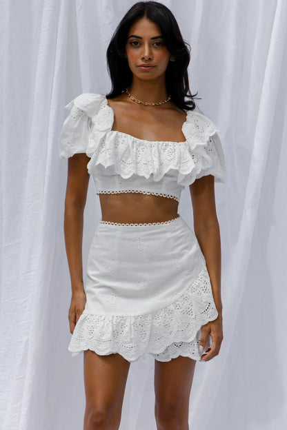 New Moon Scalloped Ruffle Trim Eyelet Skirt White