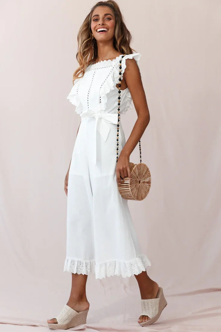 Meadow Ruffle Strap Open Back Midi Jumpsuit White