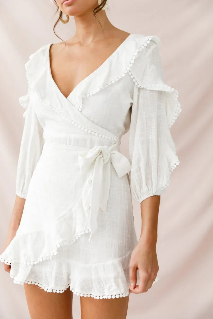 Peta Faux Wrap Ruffle Dress White