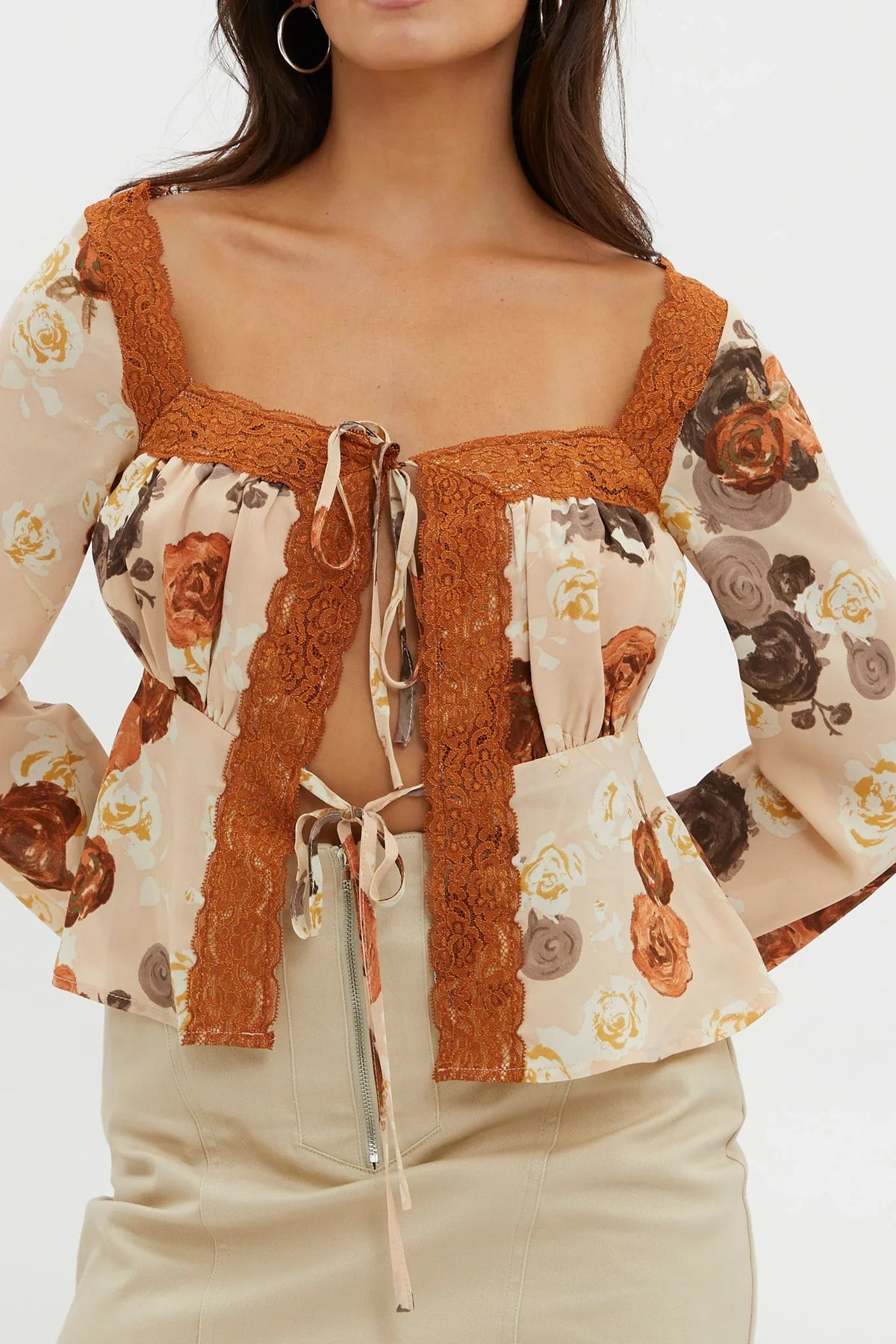 Moxie Tie Front Lace Trim Top Brown