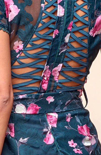 Dawson Floral Lace Back Romper Forest Green