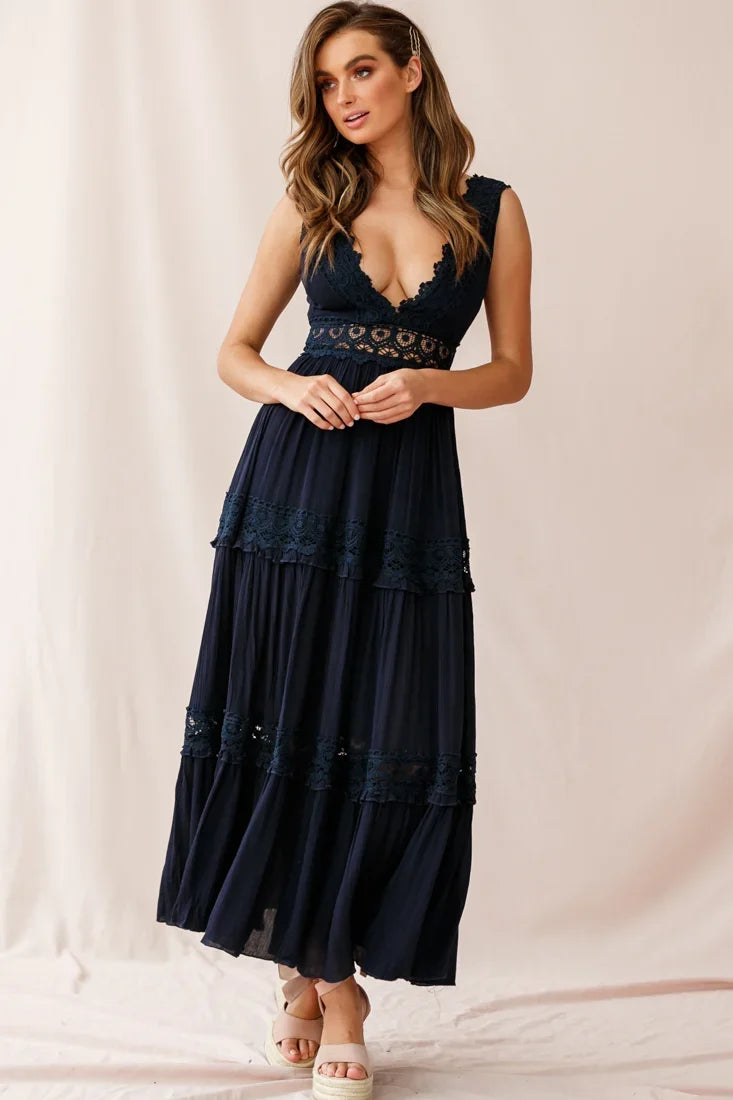 Indio Crochet Insert Deep V-Neckline Maxi Dress Navy