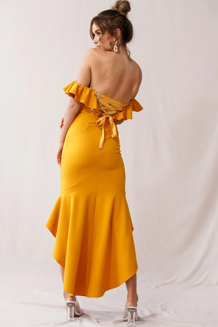 Cloud 9 Bardot Neckline Corset Back Dress Mustard