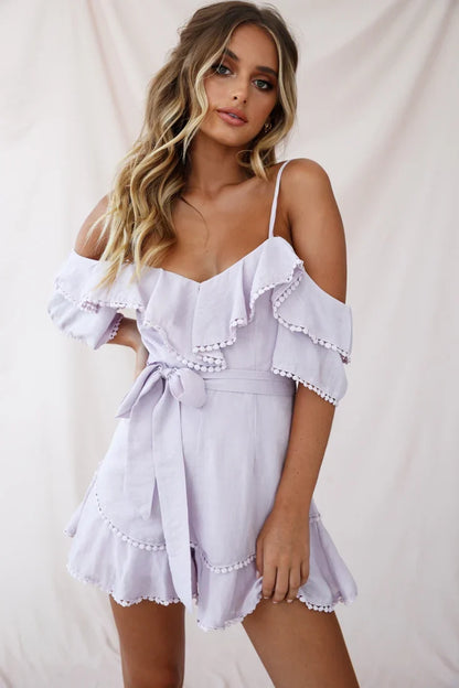Sugar Sugar Off-Shoulder Trim Detail Romper Blush