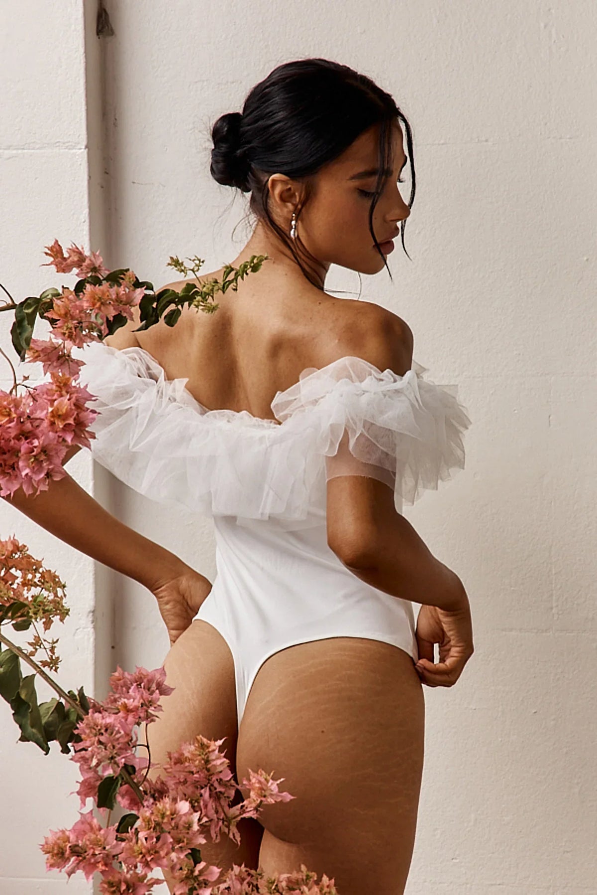 Gianni Ruffle Off-Shoulder Bodysuit White