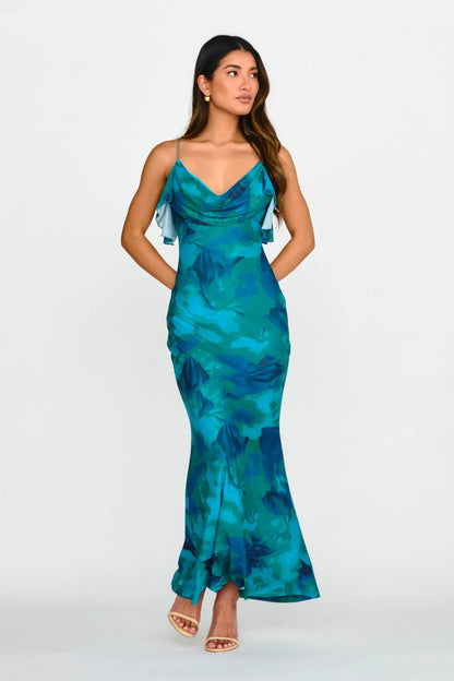 Jannie Draped Neckline Cami Dress Abstract Green