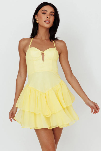 Tuscan Summer Flounce Mini Dress Lemon