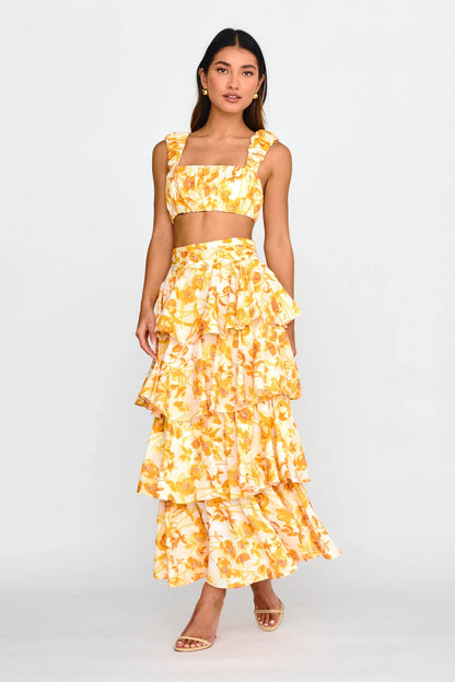Suenito Tiered Frill Maxi Skirt Floral Orange