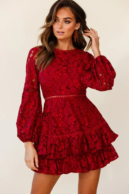 Henrietta Lace Overlay Long Sleeve Ruffle Dress Wine