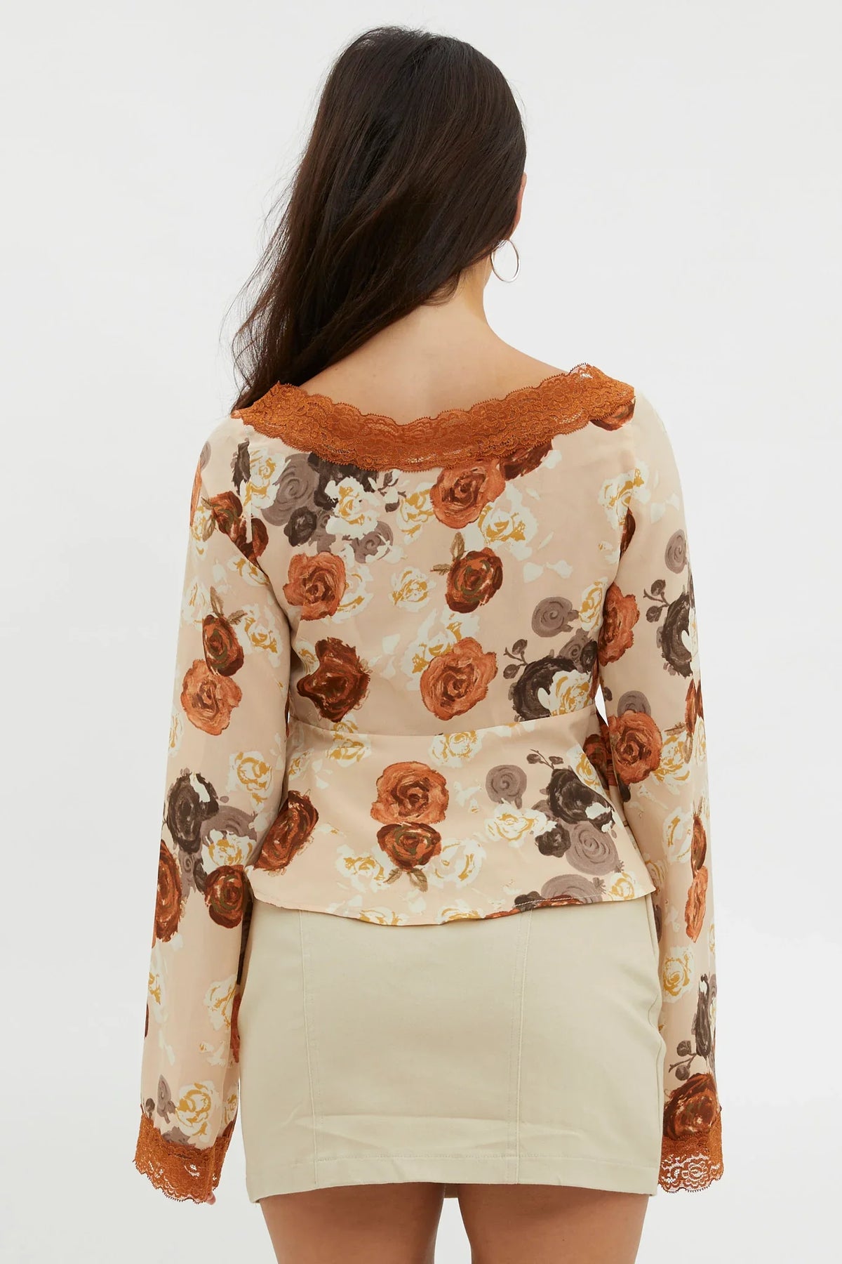 Moxie Tie Front Lace Trim Top Brown